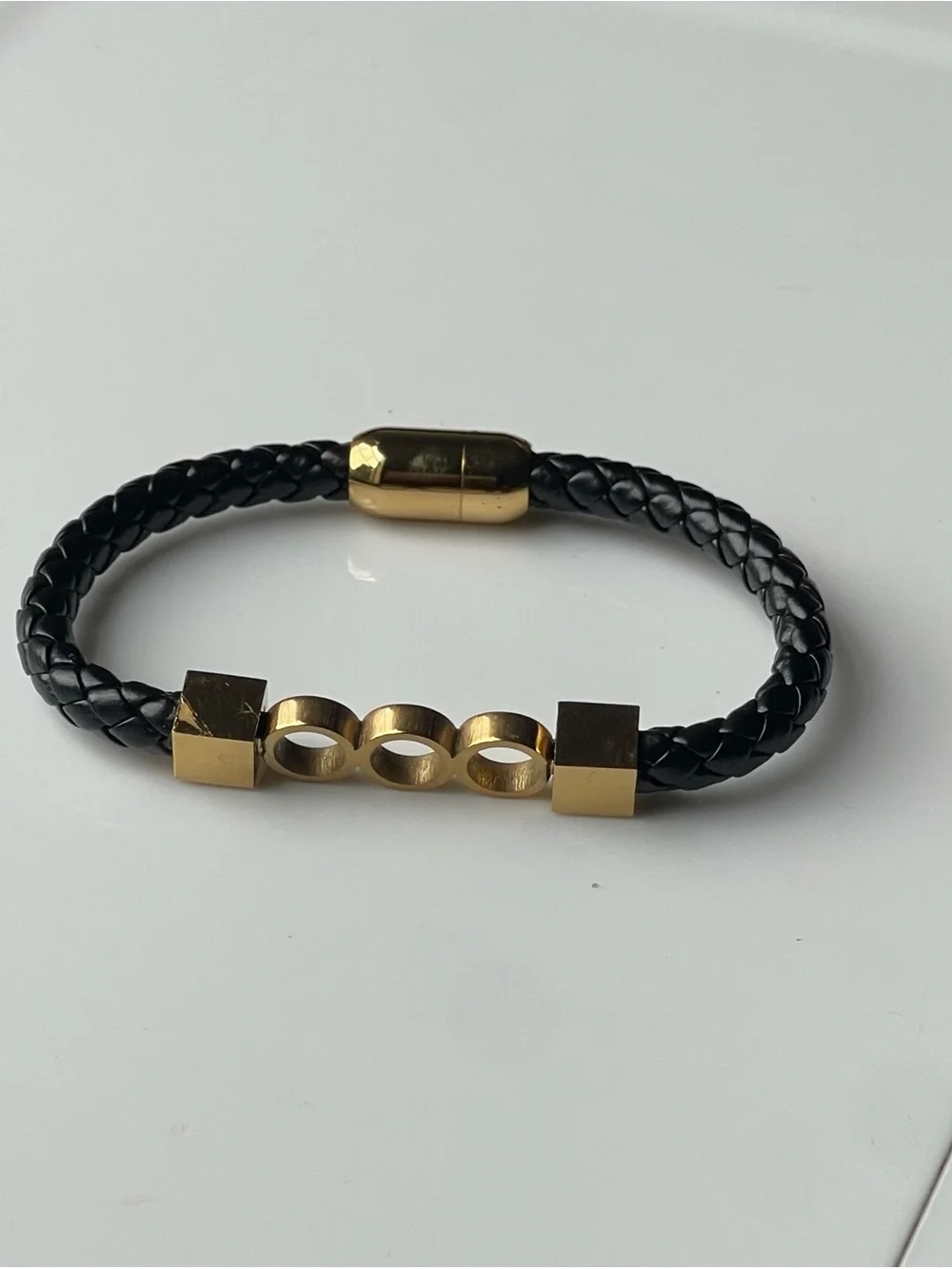 Black Braided Leather Bracelet with Gold Accent